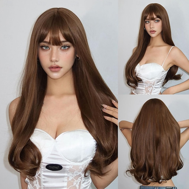  Synthetic Wig Uniforms Career Costumes Princess Bouncy Curl Deep Wave Middle Part Layered Haircut Machine Made Wig 26 inch Brown Synthetic Hair Women's Cosplay Party Fashion Brown