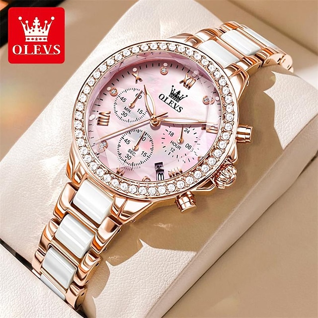  新しい olevs ブランドの女性の腕時計発光クロノグラフカレンダー 24 時間多機能クォーツ時計ダイヤモンドセラミック女性の腕時計