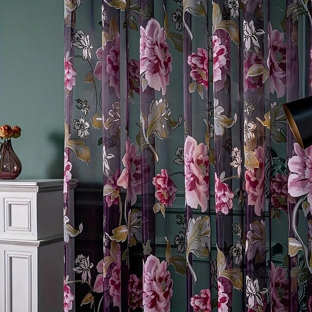  Peony Printed Sheer Window Curtain For Balcony Floral Tulle Voile Door Casement Curtain Drape Panel Sheer Scarf Valances