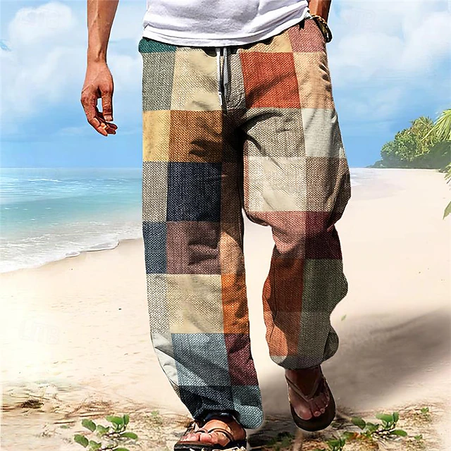 Men's Hawaiian Plaid Pants Vacation 3D Print Side Pockets Elastic Drawstring Design Pants Trousers Straight-Leg Trousers Outdoor Hawaiian Holiday Polyester Yellow S M L Medium Waist 6