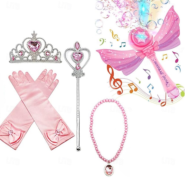  детское платье для девочек с электрической машиной для изготовления пузырьков, 4 шт., детская корона «Эльза», волшебная палочка, перчатки, ожерелье, серьги, шпилька, комплект аксессуаров для