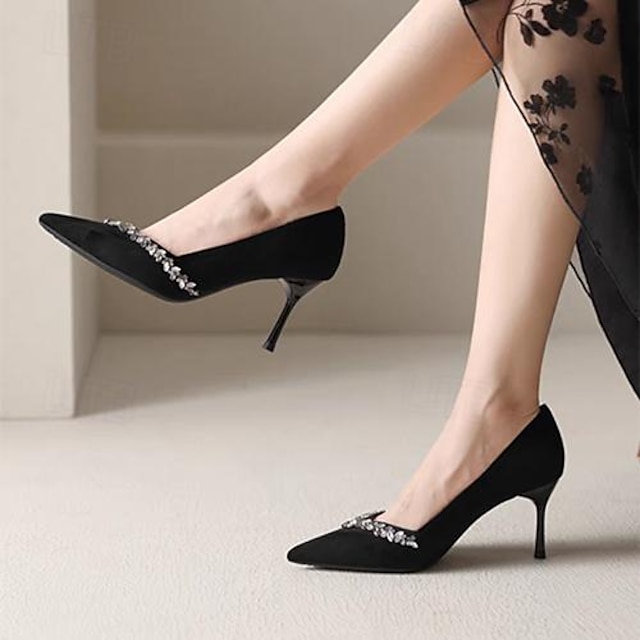  Mujer Tacones Zapatos De Vestir Fiesta Diario Pedrería Tacón de Aguja Dedo Puntiagudo Elegante Moda Minimalismo Ante Mocasín Negro