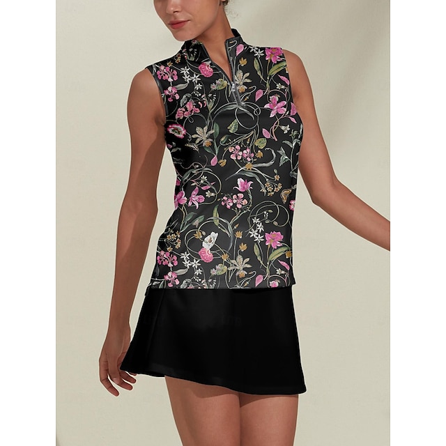  Women's Golf Polo Shirt Black Sleeveless Top Floral Ladies Golf Attire Clothes Outfits Wear Apparel