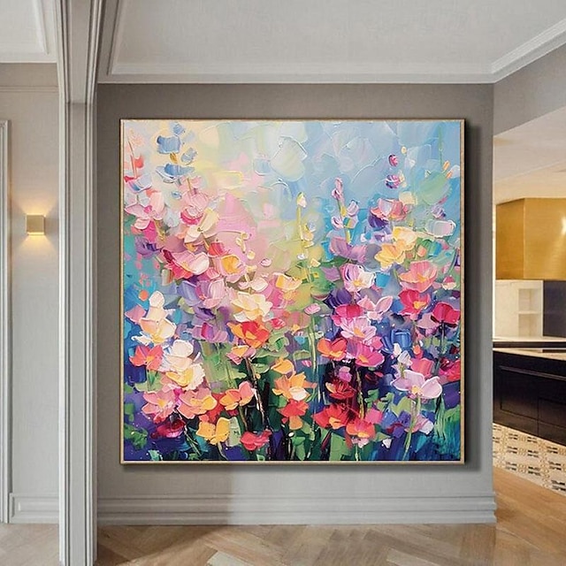  Decoración de primavera pintada a mano, pintura al óleo de flores florecientes sobre lienzo, arte de pared para sala de estar, arte de pared texturizado, arte de pared de plantas, regalo para sala de
