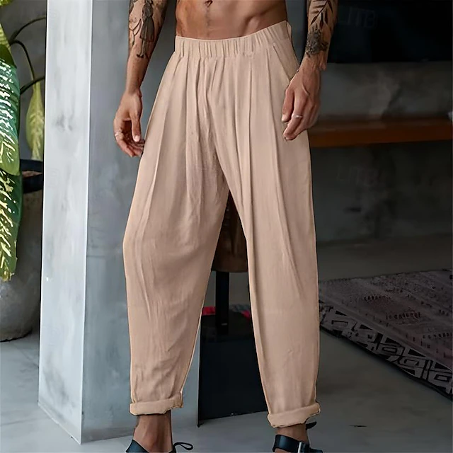 Men's Linen Pants Trousers Summer Pants Beach Pants Pocket Elastic Waist Plain Comfort Breathable Daily Holiday Vacation Hawaiian Boho Black Blue 5