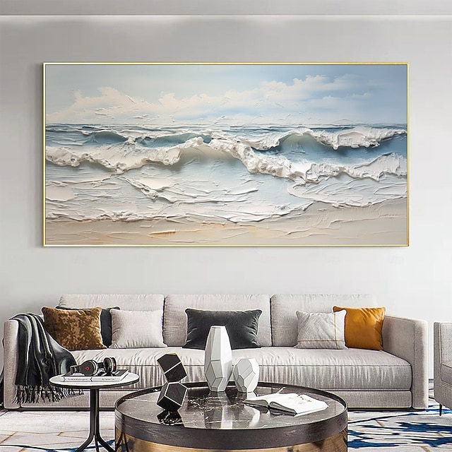  Pintura al óleo original hecha a mano del océano azul sobre lienzo, decoración artística de pared, pintura de textura gruesa para decoración del hogar con marco estirado/sin pintura de marco interior