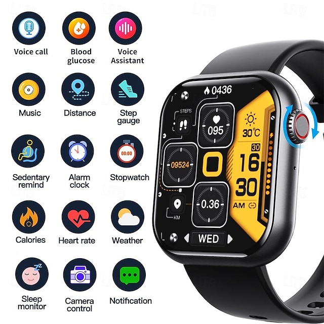  F57 Smartwatch, Bluetooth-Anruf, 1,91-Zoll-Bildschirm, 24-Stunden-Blutzucker-Herzfrequenzüberwachung, Temperatur, Blutdruck, Sauerstoff