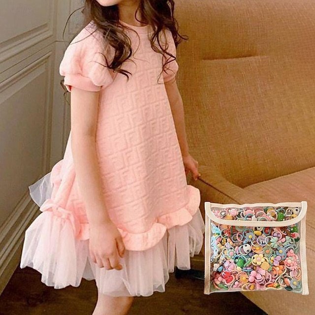  Kids Girls' Dress Solid Colored Short Sleeve Daily Vacation Cute Princess Cotton Above Knee A Line Dress Summer Spring 3-10 Years Pink With 50PCS Hair Tie Set