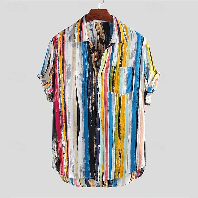 Men's Shirt Summer Shirt Casual Shirt Beach Shirt Button Up Shirt Wine Blue Short Sleeve Color Block Striped Turndown Vacation Holiday Clothing Apparel Polyester Fashion Casual Comfortable 5