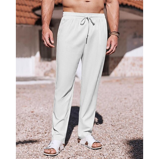  Men's Linen Pants Trousers Summer Pants Beach Pants Pocket Drawstring Elastic Waist Plain Comfort Breathable Daily Holiday Vacation Cotton Blend Hawaiian Boho White Khaki
