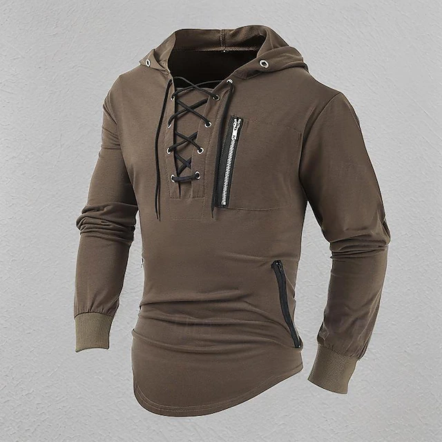Men's T Shirt Tee Top Long Sleeve Shirt Long Sleeve Hooded Spring & Summer Plain Fashion Designer Basic Lace up Vacation Street Going out Black Brown Green Top Tee for Men 11