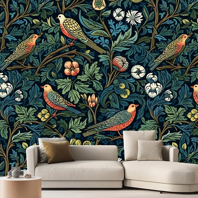  Cool Wallpapers Birds Forest Wallpaper Wall Mural Roll Inspired by William Morris Peel Stick Removable PVC/Vinyl Material Self Adhesive/Adhesive Required Wall Decor for Living Room Kitchen Bathroom