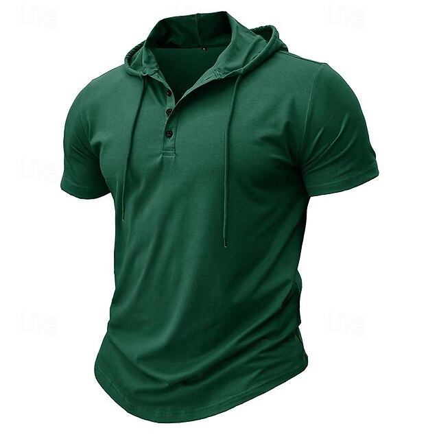 Men's Henley Shirt Waffle Knit Tee Tee Top Short Sleeves Hooded Summer Plain Fashion Designer Basic Vacation Street Going out White Khaki Army Green Top Tee for Men4