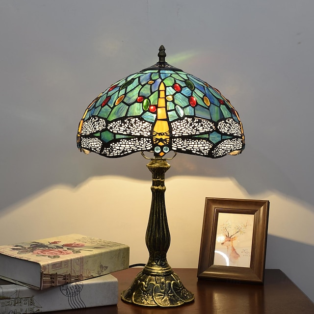  Lampe de table vintage en vitrail bleu vert 30,5 x 30,5 x 45,7 cm, style libellule, table de chevet, lampe de bureau pour salon, chambre à coucher avec 2 ampoules LED