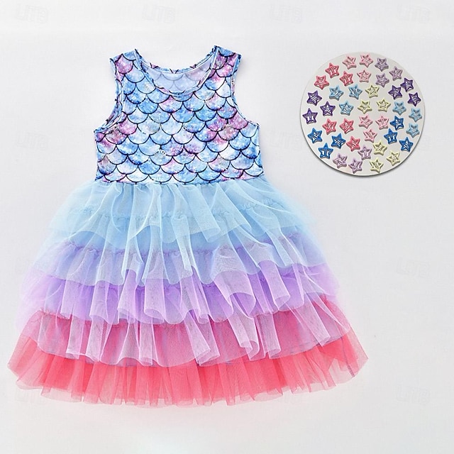  elegant prinsessklänning i sjöjungfrustil iögonfallande färgblocksdetalj& bekväm för speciella tillfällen, födelsedag& tävlingar, för barn 3-7 år med 42 st glitter stjärnhårklämmor