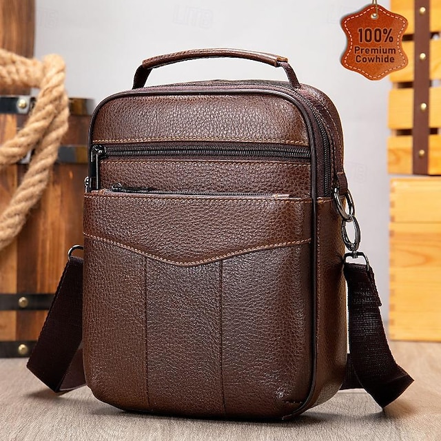  Men's Crossbody Bag Shoulder Bag Messenger Bag Leather Cowhide Outdoor Office Daily Zipper Large Capacity Durable Solid Color 7456 brown 7456 black Coffee