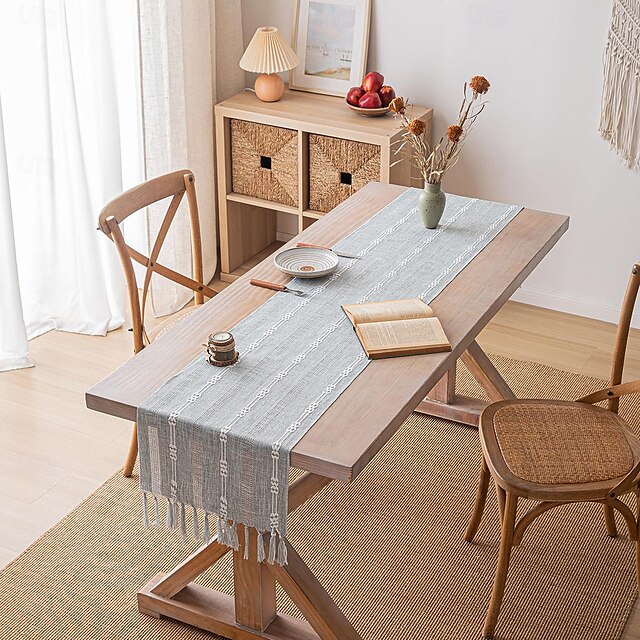  schlichter, einfacher gestreifter Tischläufer mit Fransen und Quaste, 221 cm lang, 35 x 220 cm