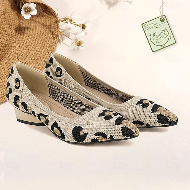  Women's Heels Plus Size Flyknit Shoes Outdoor Work Daily Leopard Sculptural Heel Pointed Toe Classic Casual Comfort Walking Knit Loafer Leopard Black / Beige Black