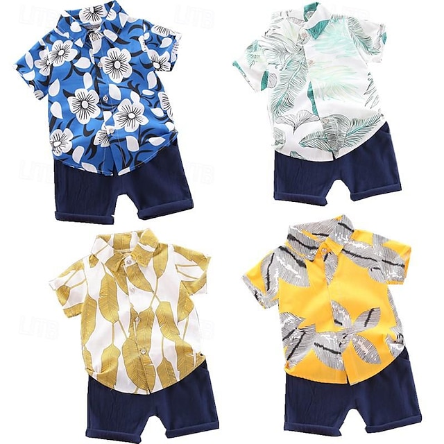  2 Dele Baby Drenge T-shirt & Shorts Outfit Grafisk Kortærmet Sæt udendørs Mode Sommer Forår 1-3 år Lyseblå Hvid Gul