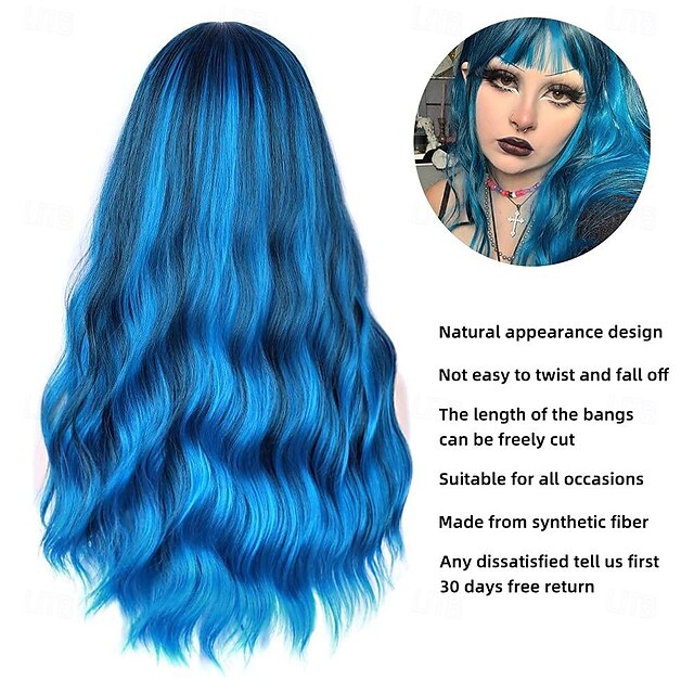 Blue Wig With Bangs Long Wavy Blue Wig With Air Bangs Synthetic Wigs For Women Curly Wigs For 7486