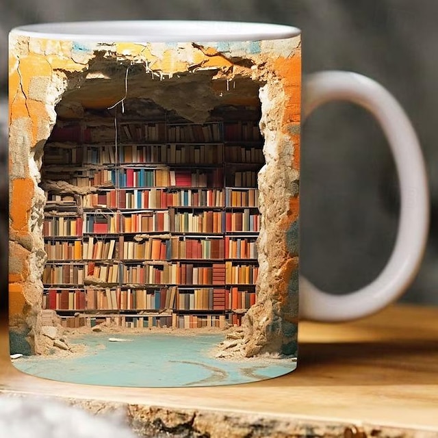  3D Bookshelf Mug - A Library Shelf Cup, Funny Library Bookshelf Mug, Book Lovers Coffee Mugs, Bookshelves Hole In A Wall Latte Mug, Creative Space Design Multi-Purpose Ceramic Mug
