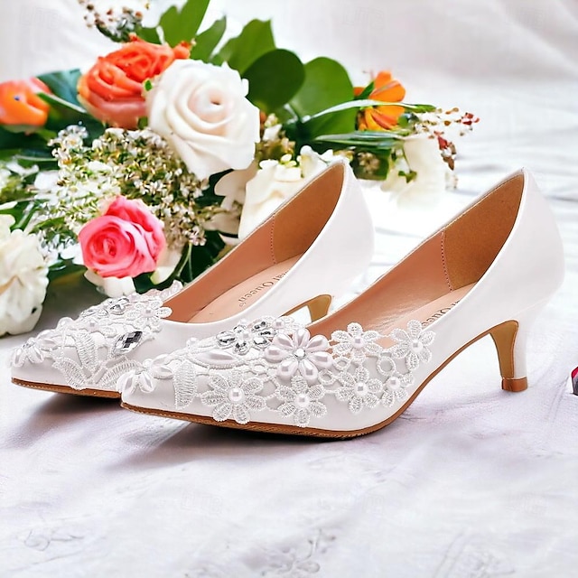  Pentru femei Tocuri pantofi de nunta Pantofi rochie Nuntă Pantofi de mireasa Dantelă Toc Mic Vârf rotund Elegant Piele microbiană Loafer Alb