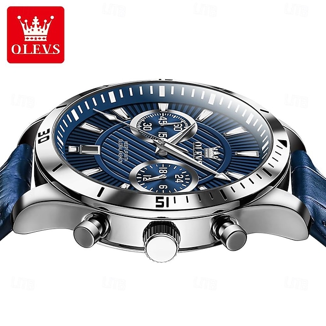  OLEVS Men Quartz Watch Fashion Casual Wristwatch Luminous Calendar Chronograph Waterproof PU Leather Watch