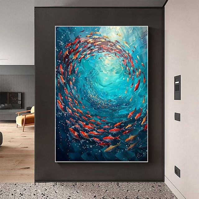  Картина маслом ручной работы, холст, настенное художественное украшение, абстрактная морская рыба, косяк рыб для домашнего декора, свернутая бескаркасная нерастянутая картина