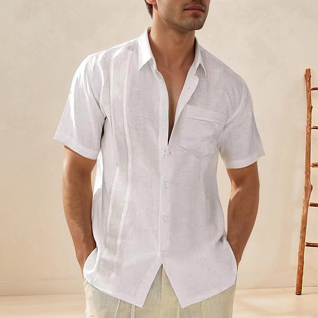  Homens Camisa Social camisa de linho Camisa de linho de algodão Camisa de algodão branco camisa de botão camisa de verão Preto Branco Azul Marinho Escuro Manga Curta Tecido Aberto para a Lateral Verão