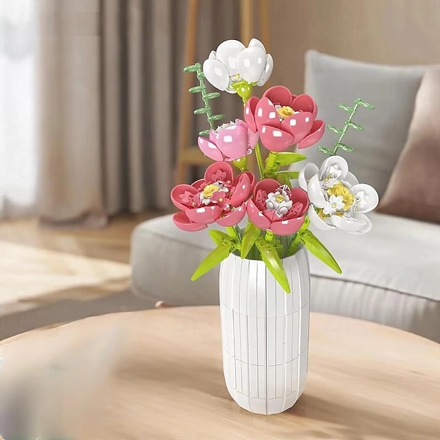  květinová kytice stavebnice s vázou, budova s pivoňkou pro domácí dekoraci, model zobrazení sbírky rostlin, dárek k Vánocům k narozeninám Valentýna