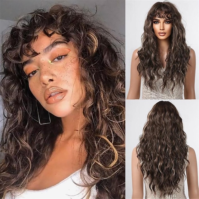  Long Brown Curly Wigs for Women Deep Wave Wigs with Bangs Synthetic Heat Resistant Wigs with Highlights