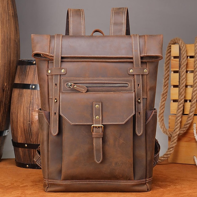  Vintage Men's First Layer Cowhide Backpack Crazy Horse Leather Backpack Outdoor Travel 15.6 Inch Computer Bag