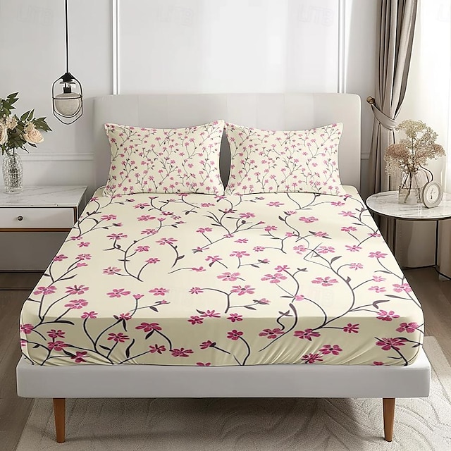  Set cearșaf de pat cu model floral de primăvară lenjerie de pat ultra moale, respirabilă, mătăsoasă, buzunar adânc, cearșaf de pat 100% microfibră, 3 piese, king size