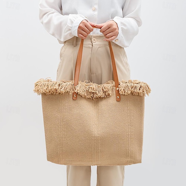  Women's Tote Canvas Beach Tassel Large Capacity Multi Carry Solid Color Light Blue off white Black