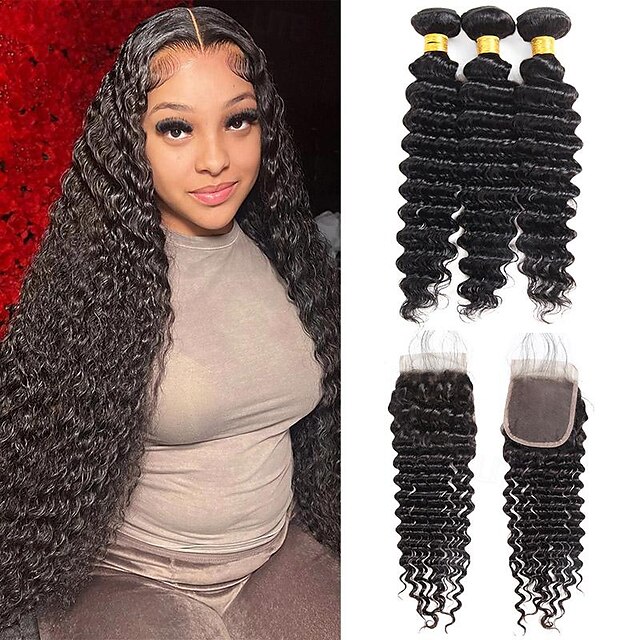  ishow capelli onda profonda fasci di capelli umani con chiusura frontale hd estensione del tessuto dei capelli brasiliani del merletto fasci di capelli 3/4 fasci di capelli con chiusura