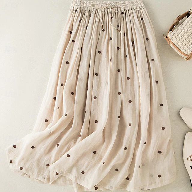 Women's Skirt A Line Fashion Casual Maxi High Waist Skirts Polka Dot Print Casual Daily Weekend Yellow Navy Blue Brown Green Summer Cotton And Linen 23