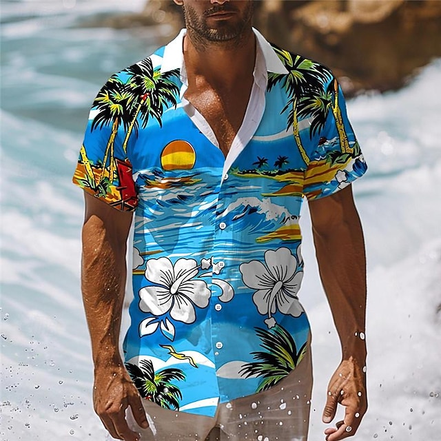  Floreale Festività Hawaiano Per uomo Camicia Esterno Hawaiano Per eventi Estate Collo ripiegabile Manica corta Giallo Blu S M L Camicia