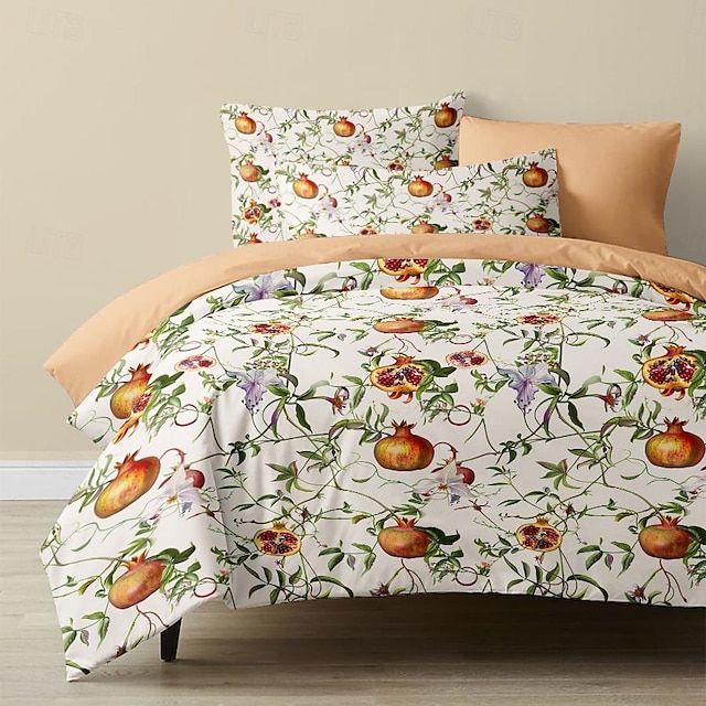 granatäpple frukt påslakanset bomull tropiska växter mönsterset mjukt 3-delat lyxigt sängset heminredning present tvilling hel king queen size påslakan