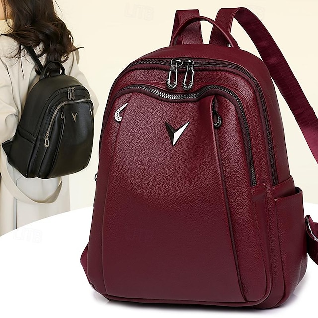  Women's Backpack Mini Backpack Daily Traveling Solid Color PU Leather Large Capacity Waterproof Zipper Black Red Blue