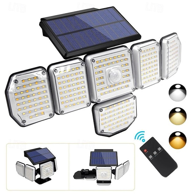  6-Head Solar Wall Lamp with Remote Control 3-color Dimming Courtyard, Garden, Garage, High Brightness Street Light