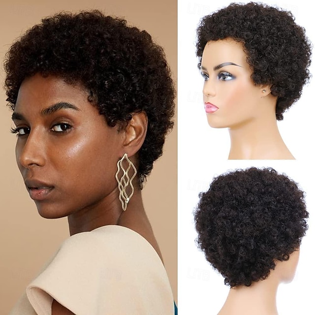  Kurze Afro-Perücke aus verworrenem, lockigem Echthaar für Frauen, voll und flauschig, maschinell hergestellte Perücke, Echthaar, Pixie-Schnitt, natürlich aussehende, leimlose Haarersatzperücke,