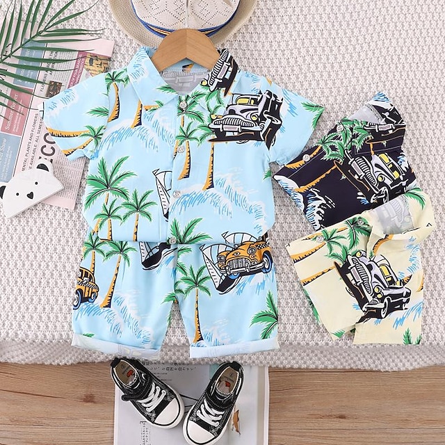  2 Dele Baby Drenge T-shirt & Shorts Outfit Grafisk Kortærmet Sæt udendørs Mode Sommer Forår 1-3 år Gul Navyblå Himmelblå