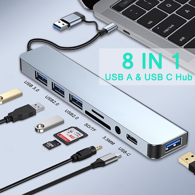 USB 3.0 USB C Huber 8 porter 7-i-1 4-I-1 8-i-1 Høyhastighet USB-hub med USB 3.0 USB C SD Kort Strømforsyning Til Bærbar Polykarbonat Nettbrett