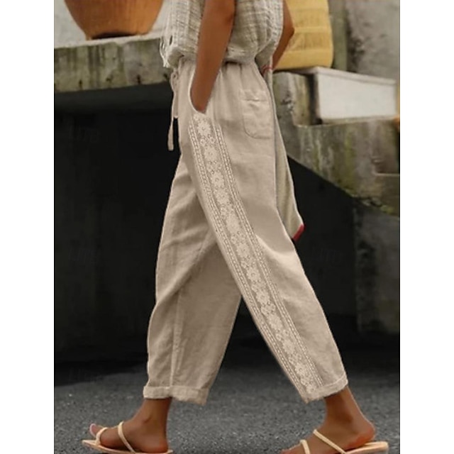  Γυναικεία Παντελόνια Μείγμα Λινό / Βαμβάκι Πλαϊνές τσέπες Μέχρι τον αστράγαλο Λευκό Ανοιξη καλοκαίρι