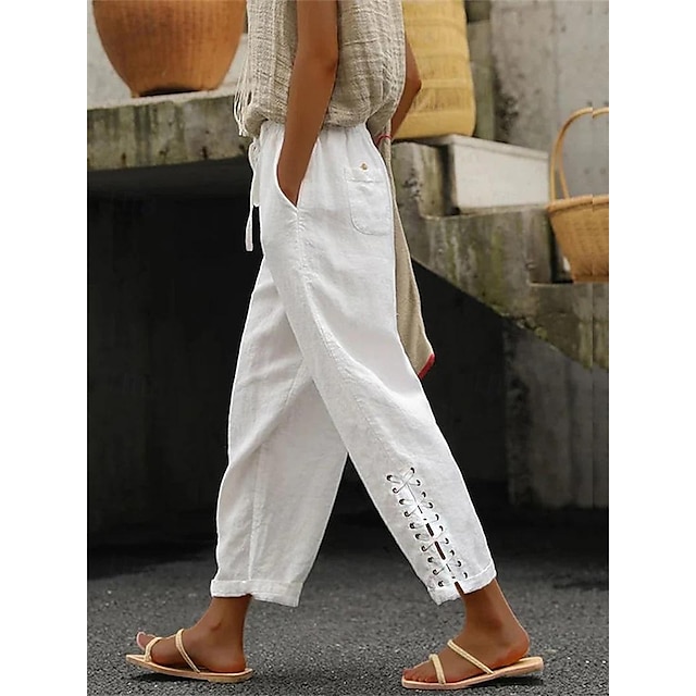  Women's Linen Overalls Ankle-Length Lace-Up Side Drawstring Waist Beige Casual Summer Spring Relaxed Fit Clothing Apparel