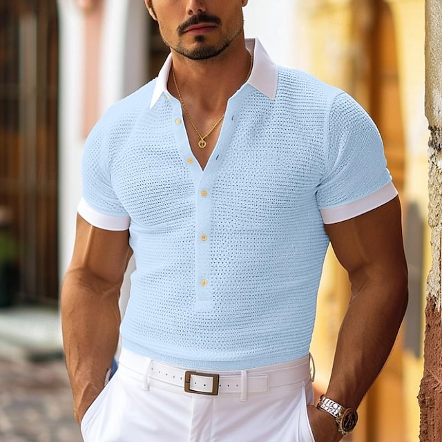  Hombre polo gofrado Camiseta de golf Casual Festivos Diseño Manga Corta Moda Básico Plano Botón Verano Primavera Ajuste regular Blanco Azul Claro polo gofrado
