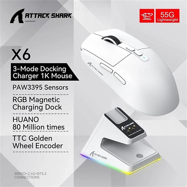  Attack Shark X6 Bluetooth-Maus, Pixart Paw3395, Tri-Mode-Verbindung, RGB-Touch, magnetische Ladestation, Makro-Gaming-Maus