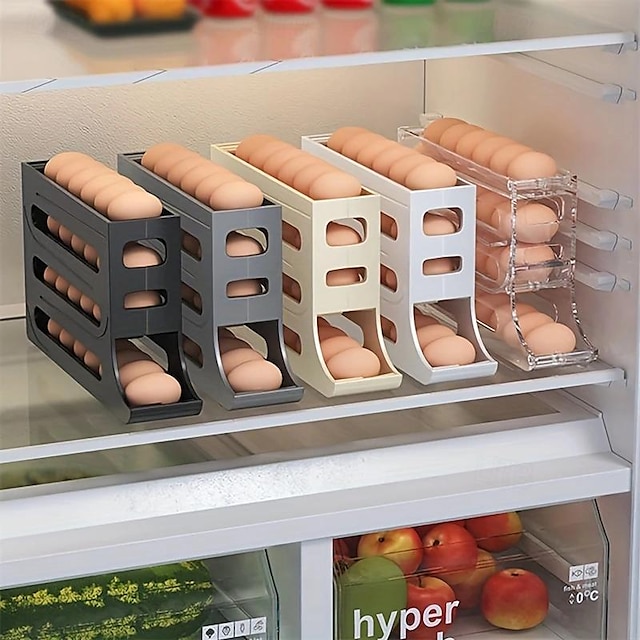 מחזיק ביצים 4 קומות למקרר, מחזיק ביצים למקרר, מתקן ביצים אחסון מגש ביצים לגלגול אוטומטי 30 מיכל ביצים חוסך מקום ביצים למקרר