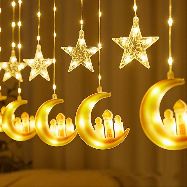  3 m Stern-Mond-LED-Vorhang-Lichterkette Eid Al-Fitr Ramadan Girlande Licht Mubarak Dekor Lichter für Zuhause Islam Muslim Party