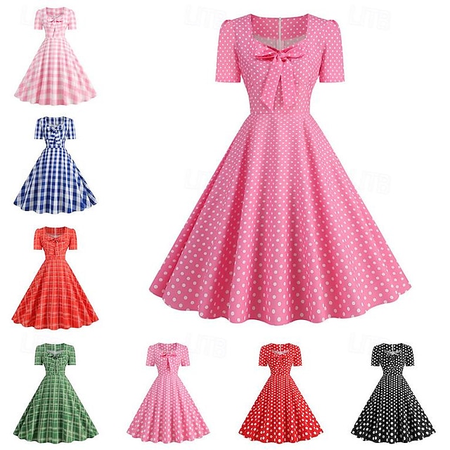  Retro Vintage 1950s Rockabilly Dress Swing Dress Women's Plaid / Check Checkered Gingham Carnival Dailywear Dress